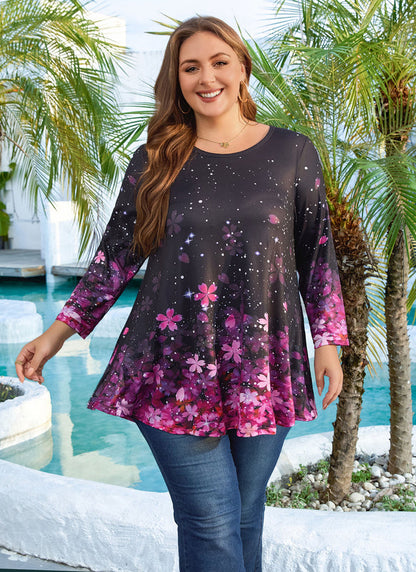Women's Plus Size Pink Floral Tunic Top – 3/4 Sleeve Swing Flare Blouse