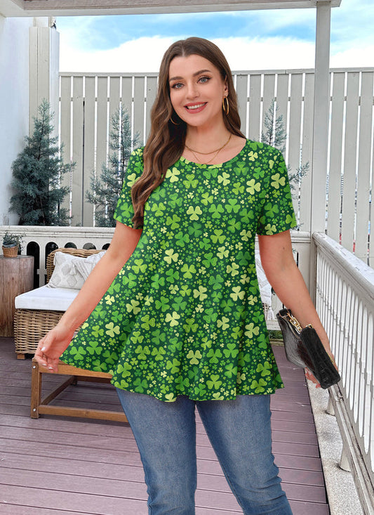 Green Shamrock Clover Print Tunic Top – Women's Plus Size Short Sleeve Swing Blouse to Wear with Leggings (S–7XL)