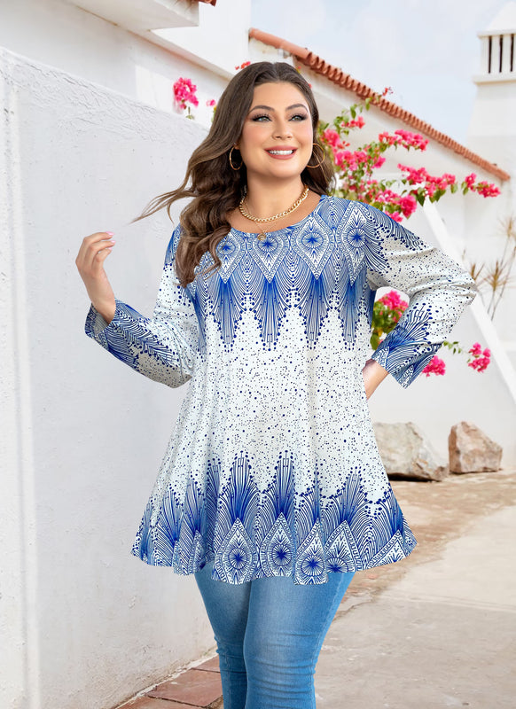 Women's Plus Size Blue White Art Deco Print Tunic Top – 3/4 Sleeve Ruffle Hem Blouse
