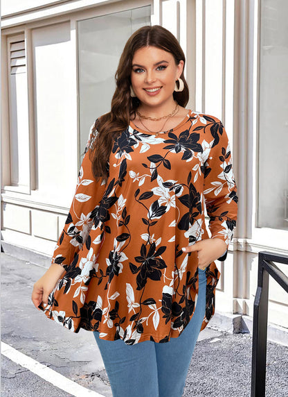 Women's Plus Size Burnt Orange Floral Tunic Top – 3/4 Sleeve Swing Flare Blouse
