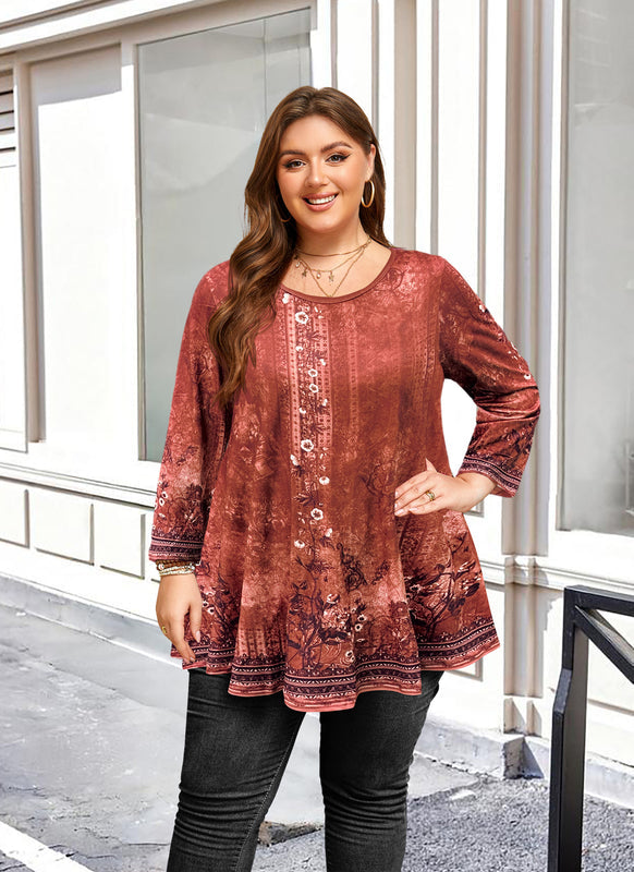 Women's Plus Size Rust Boho Floral Tunic Top – 3/4 Sleeve Vintage Embroidery Print Blouse