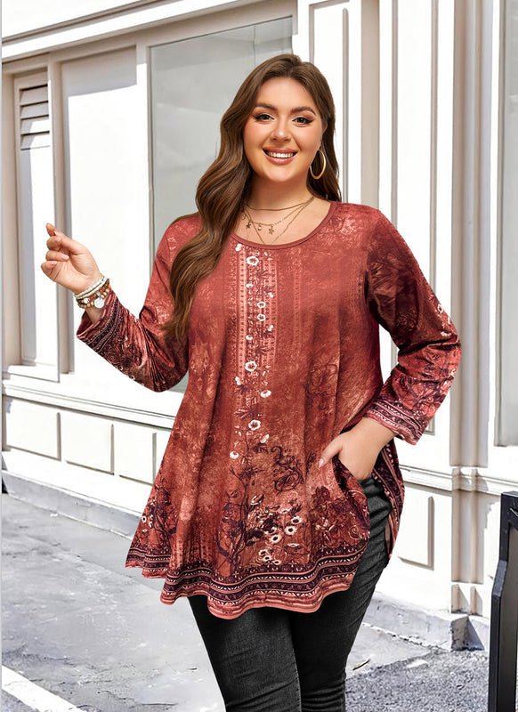 Women's Plus Size Rust Boho Floral Tunic Top – 3/4 Sleeve Vintage Embroidery Print Blouse