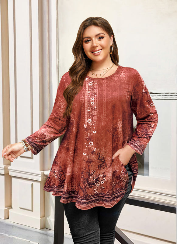 Women's Plus Size Rust Boho Floral Tunic Top – 3/4 Sleeve Vintage Embroidery Print Blouse