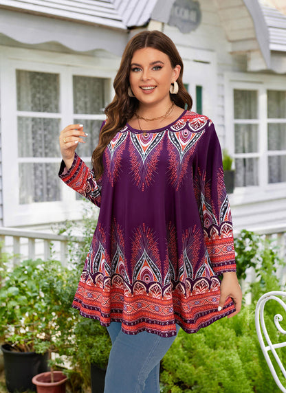 Women's Plus Size Orange & Purple Floral Tunic Top – 3/4 Sleeve Swing Flare Blouse