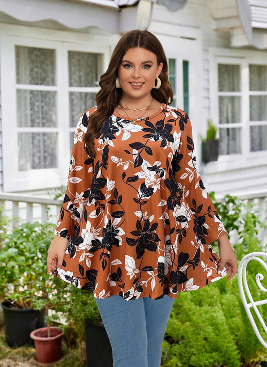 Women's Plus Size Burnt Orange Floral Tunic Top – 3/4 Sleeve Swing Flare Blouse