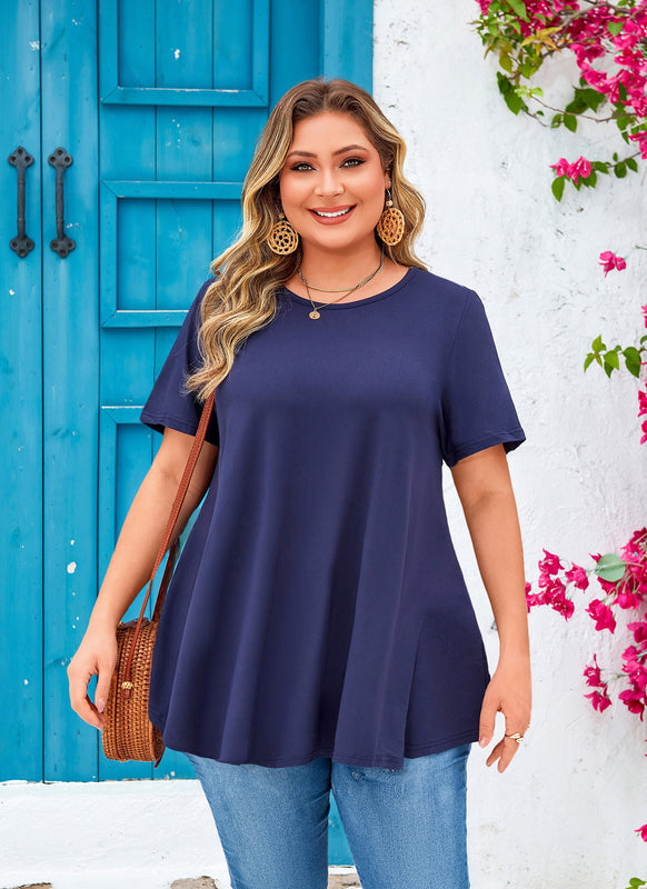 Women's Plus Size Navy Blue Tunic Top – Short Sleeve Solid Swing Blouse