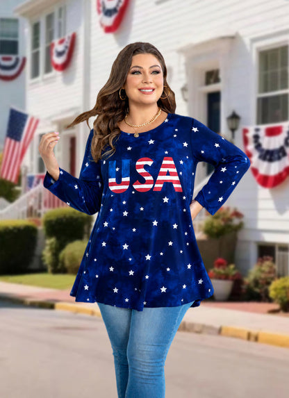 Women's Navy Blue & Red Plus Size Tunic Top – 3/4 Sleeve Swing Flowy Blouse