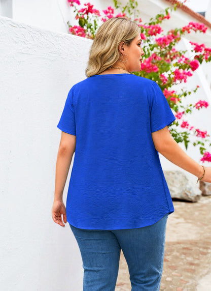 Women's Plus Size Floral Trim Tunic Top | V-Neck Short Sleeve Blouse – Royal Blue