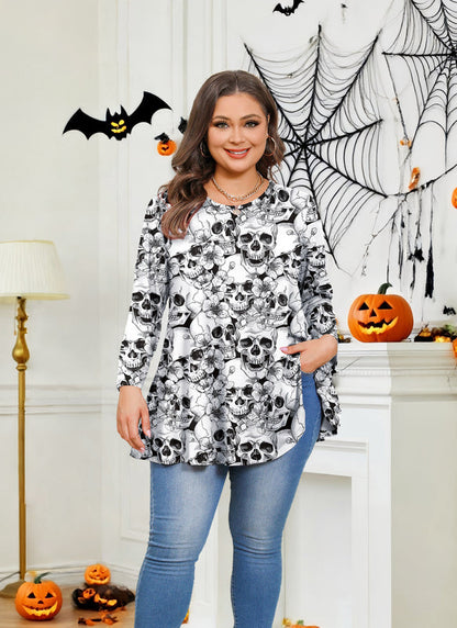 Halloween Skull Floral Print Tunic Top – Women's Plus Size Long Sleeve Swing Blouse (S–7XL)