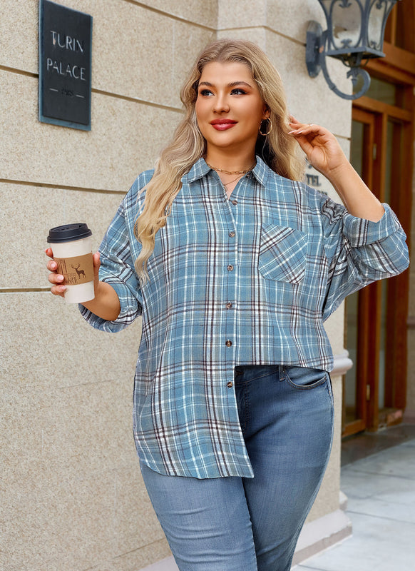 Women's Plus Size Sky Blue Plaid Flannel Shirt | Long Sleeve Button Down
