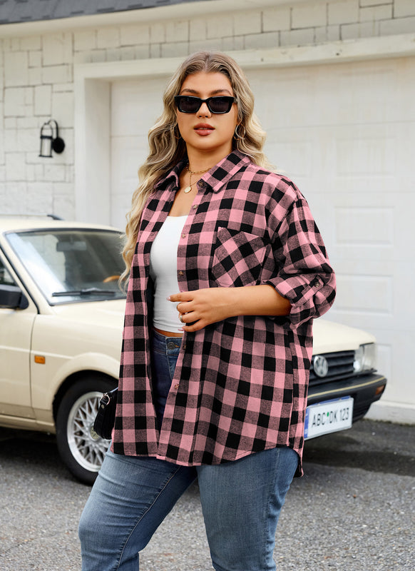 Women's Plus Size Pink Black Buffalo Plaid Flannel Shirt | Long Sleeve Button Down