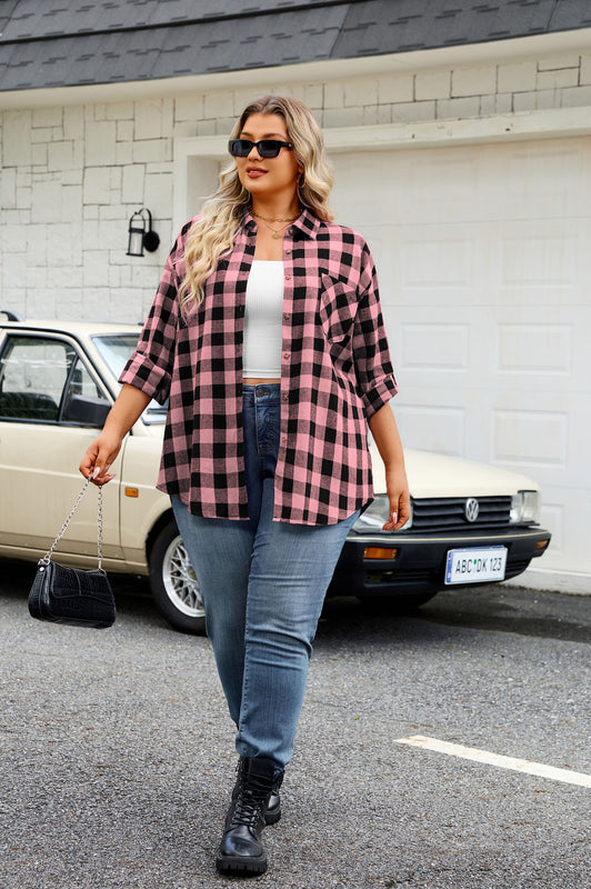 Women's Plus Size Pink Black Buffalo Plaid Flannel Shirt | Long Sleeve Button Down