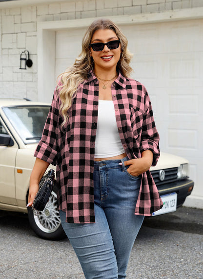 Women's Plus Size Pink Black Buffalo Plaid Flannel Shirt | Long Sleeve Button Down
