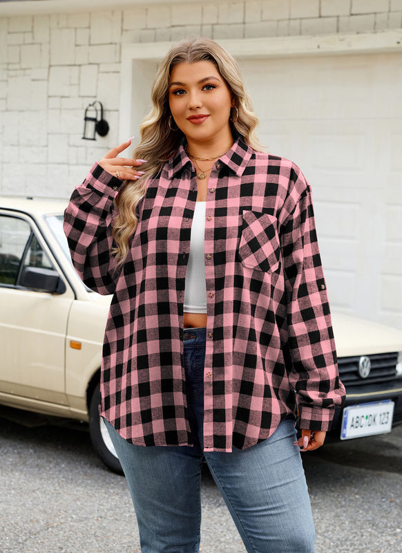 Women's Plus Size Pink Black Buffalo Plaid Flannel Shirt | Long Sleeve Button Down