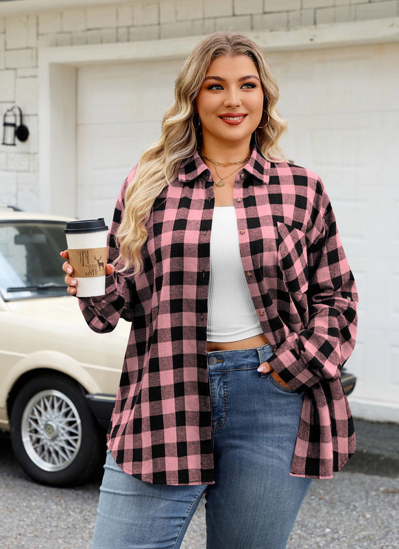 Women's Plus Size Pink Black Buffalo Plaid Flannel Shirt | Long Sleeve Button Down