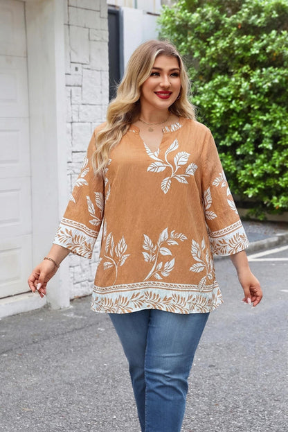 Women's Plus Size Ginger Yellow Tropical Leaf Print Tunic Top | 3/4 Sleeve