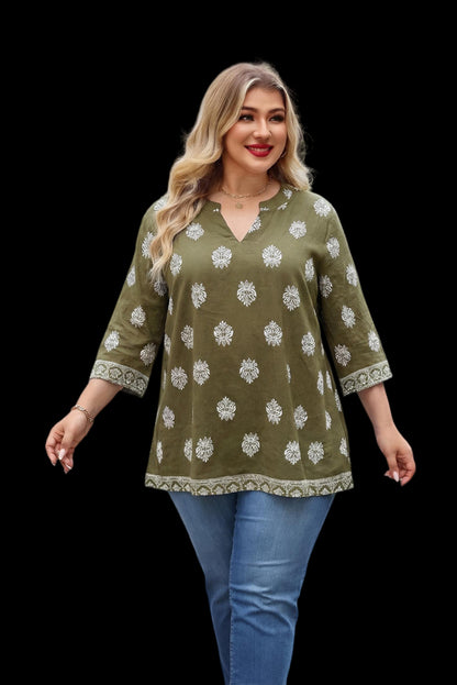 Women's Plus Size Olive Green Boho Block Print Tunic Top | 3/4 Sleeve