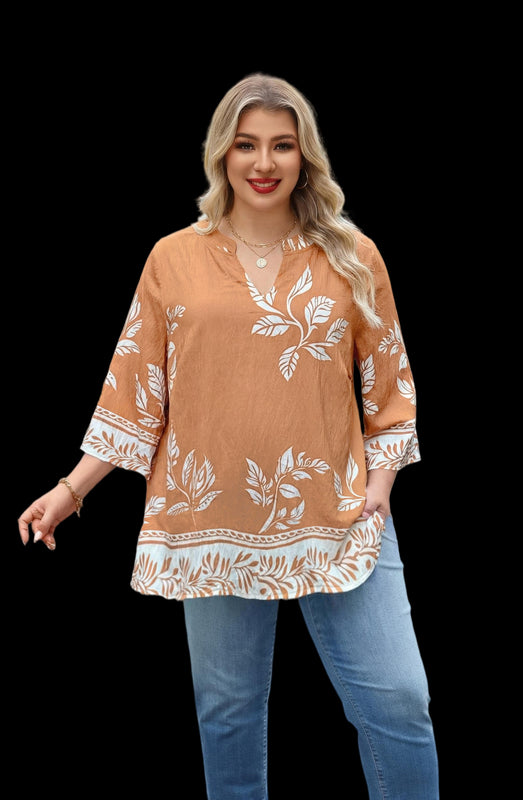 Women's Plus Size Ginger Yellow Tropical Leaf Print Tunic Top | 3/4 Sleeve