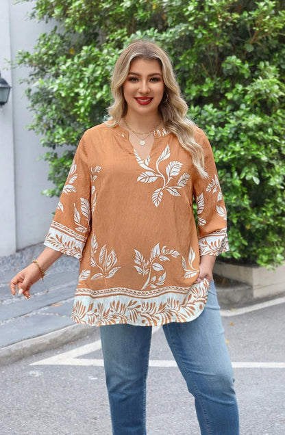 Women's Plus Size Ginger Yellow Tropical Leaf Print Tunic Top | 3/4 Sleeve