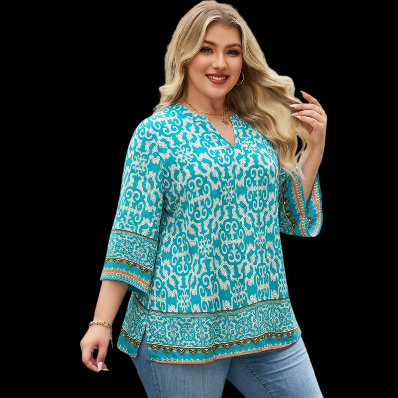 Plus Size Tops 3/4 Sleeve Boho Blouses Dressy Casual V Neck Tunic Loose Fit Floral Peasant Shirts