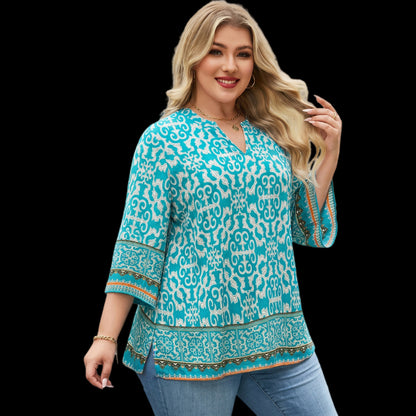 Plus Size Tops 3/4 Sleeve Boho Blouses Dressy Casual V Neck Tunic Loose Fit Floral Peasant Shirts