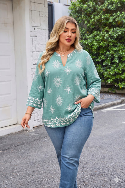 Women's Plus Size Sage Green Boho Medallion Tunic Top | 3/4 Sleeve