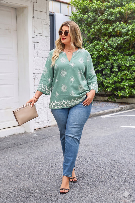 Women's Plus Size Sage Green Boho Medallion Tunic Top | 3/4 Sleeve