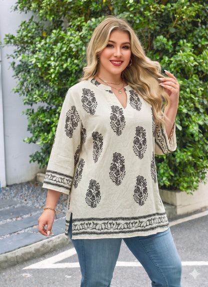 Women's Plus Size Apricot Boho Block Print Tunic Top | 3/4 Sleeve
