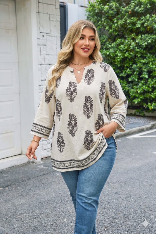 Women's Plus Size Apricot Boho Block Print Tunic Top | 3/4 Sleeve