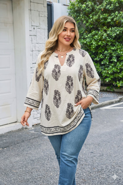 Women's Plus Size Apricot Boho Block Print Tunic Top | 3/4 Sleeve