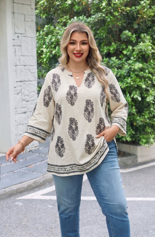 Women's Plus Size Apricot Boho Block Print Tunic Top | 3/4 Sleeve