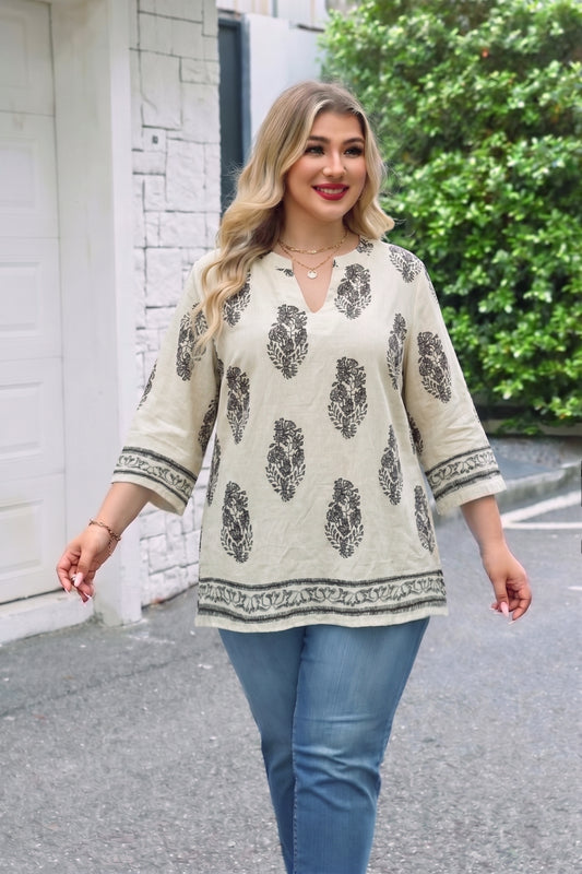 Women's Plus Size Apricot Boho Block Print Tunic Top | 3/4 Sleeve