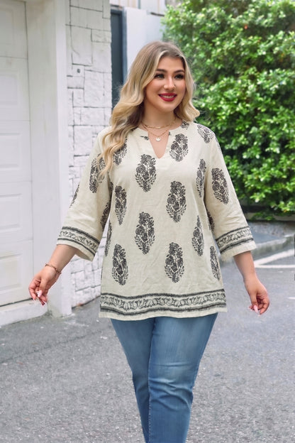 Women's Plus Size Apricot Boho Block Print Tunic Top | 3/4 Sleeve