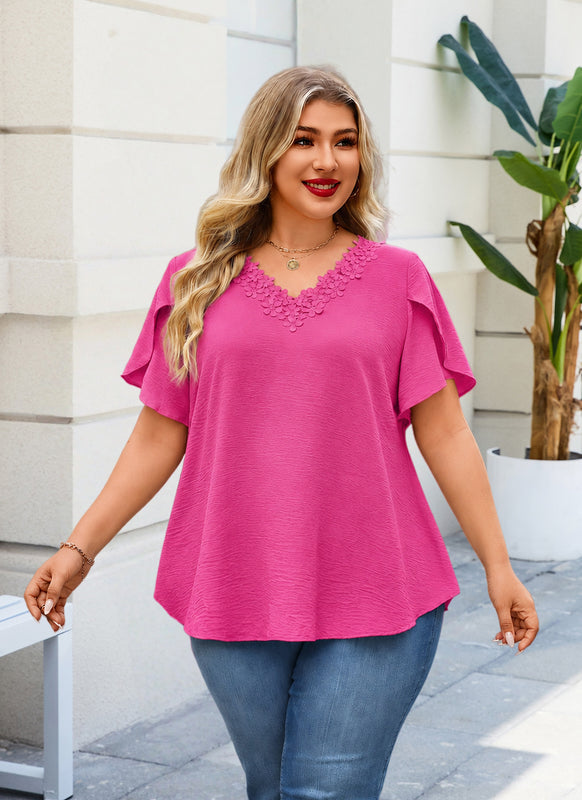 Women's Floral Trim V-Neck Tunic – Loose Fit Short Sleeve Blouse