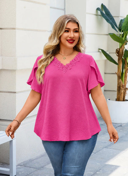 Women's Floral Trim V-Neck Tunic – Loose Fit Short Sleeve Blouse