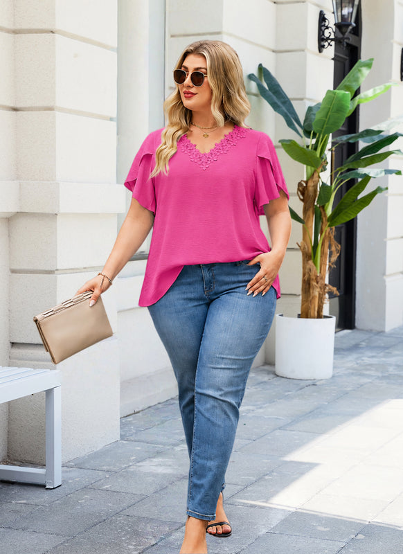 Women's Floral Trim V-Neck Tunic – Loose Fit Short Sleeve Blouse