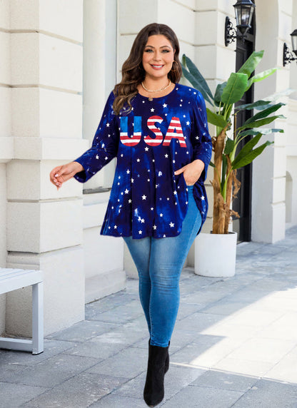 Women's Navy Blue & Red Plus Size Tunic Top – 3/4 Sleeve Swing Flowy Blouse