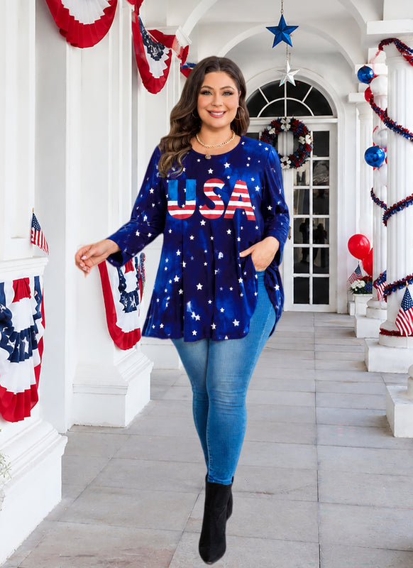 Women's Navy Blue & Red Plus Size Tunic Top – 3/4 Sleeve Swing Flowy Blouse