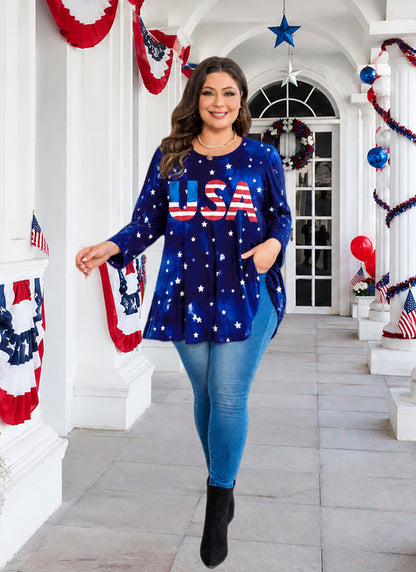 Women's Navy Blue & Red Plus Size Tunic Top – 3/4 Sleeve Swing Flowy Blouse
