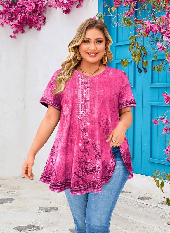 Women's Hot Pink Floral Swing Tunic Top – Short Sleeve, Plus Size