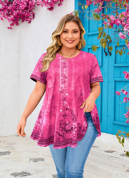 Women's Hot Pink Floral Swing Tunic Top – Short Sleeve, Plus Size
