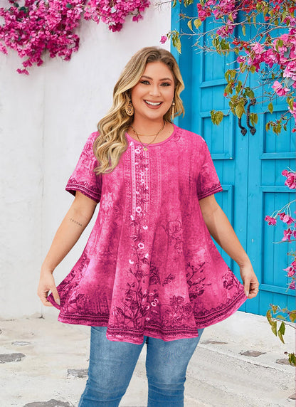 Women's Hot Pink Floral Swing Tunic Top – Short Sleeve, Plus Size