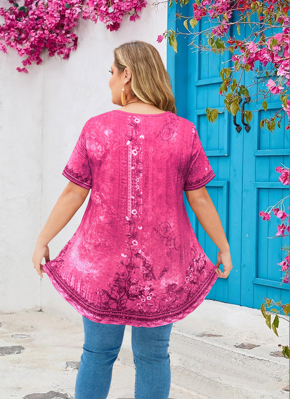 Women's Hot Pink Floral Swing Tunic Top – Short Sleeve, Plus Size