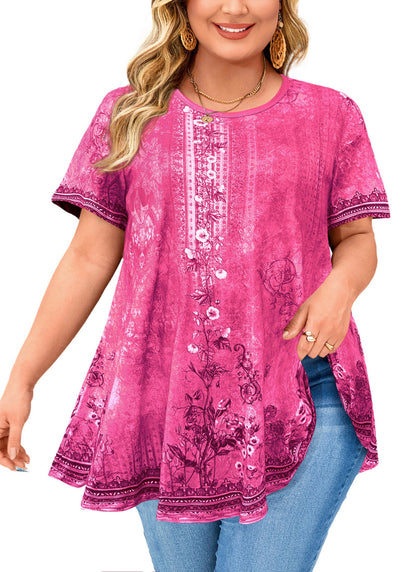 Women's Hot Pink Floral Swing Tunic Top – Short Sleeve, Plus Size