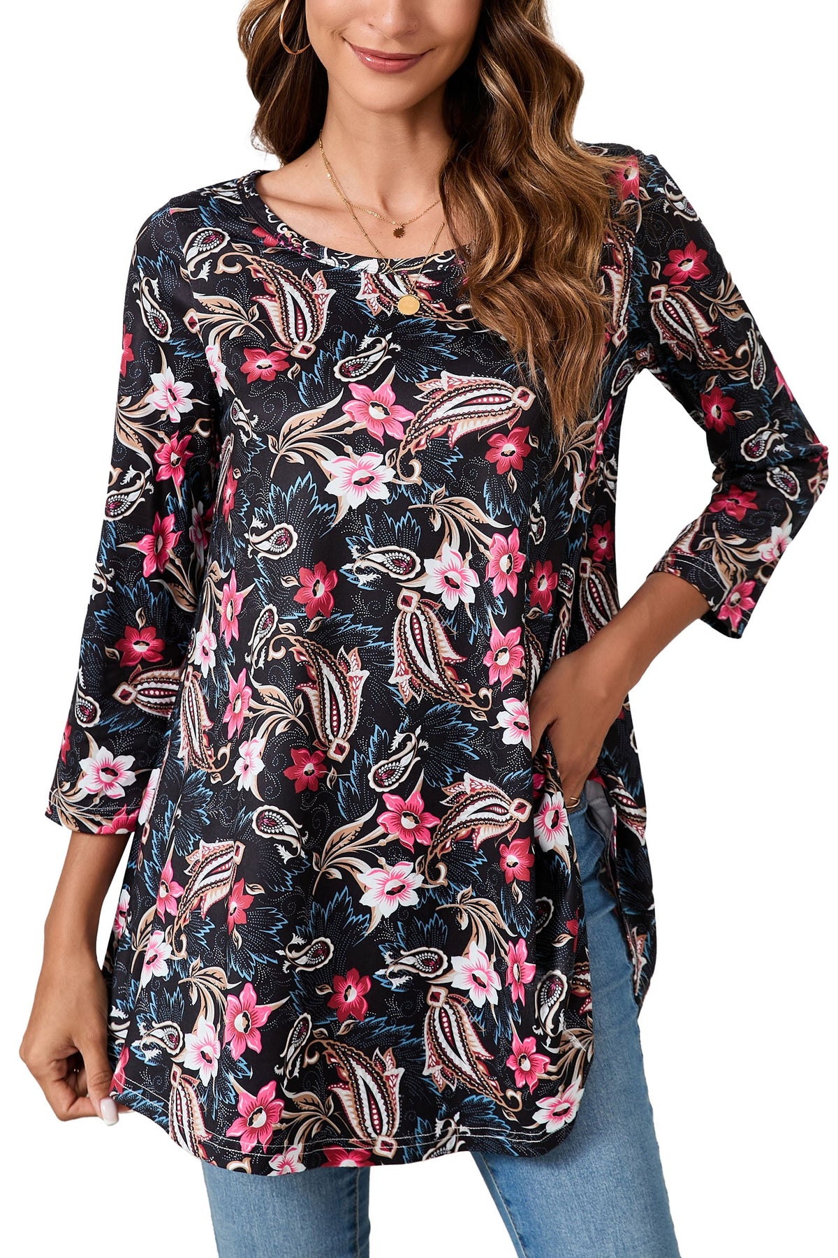Tunic Tops for Women Plus Size 3/4 Sleeve Crew Neck Swing Flare Loose T-Shirt Blouses to Wear with Leggings