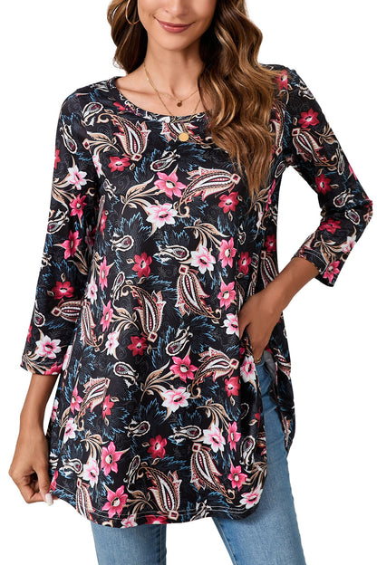 Tunic Tops for Women Plus Size 3/4 Sleeve Crew Neck Swing Flare Loose T-Shirt Blouses to Wear with Leggings