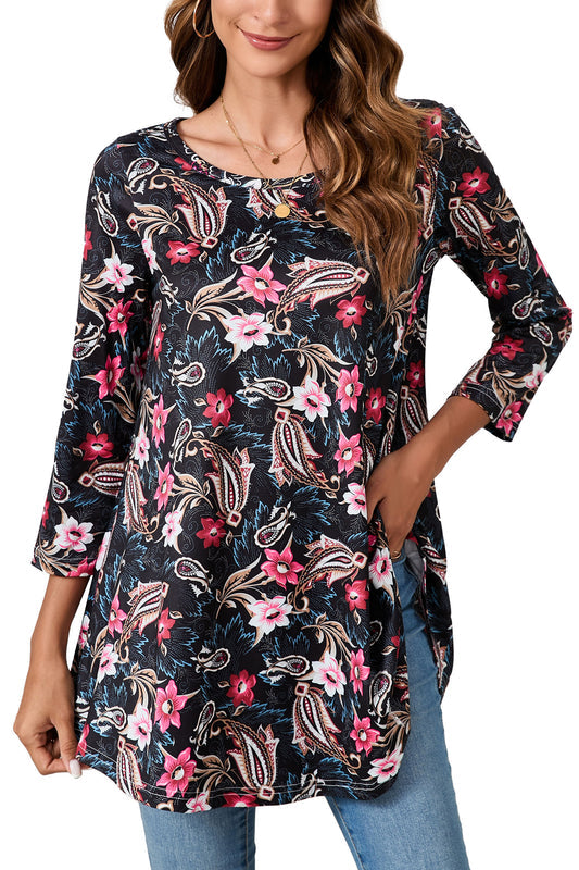 Tunic Tops for Women Plus Size 3/4 Sleeve Crew Neck Swing Flare Loose T-Shirt Blouses to Wear with Leggings