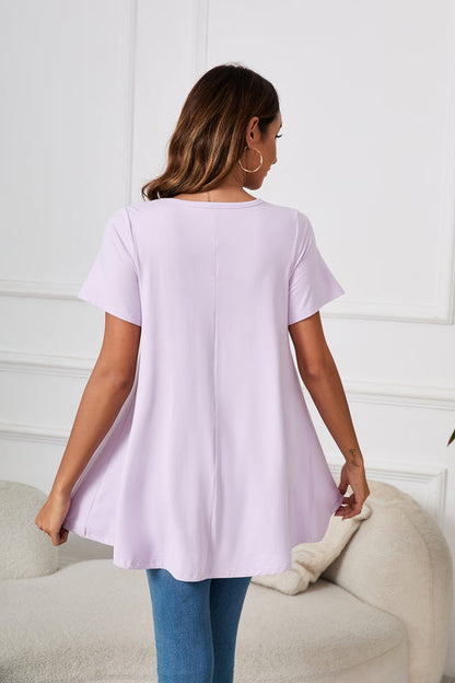 Lavender Purple Short Sleeve Swing Tunic Top – Women's Plus Size Crew Neck Flowy Blouse to Wear with Leggings (S–7XL)