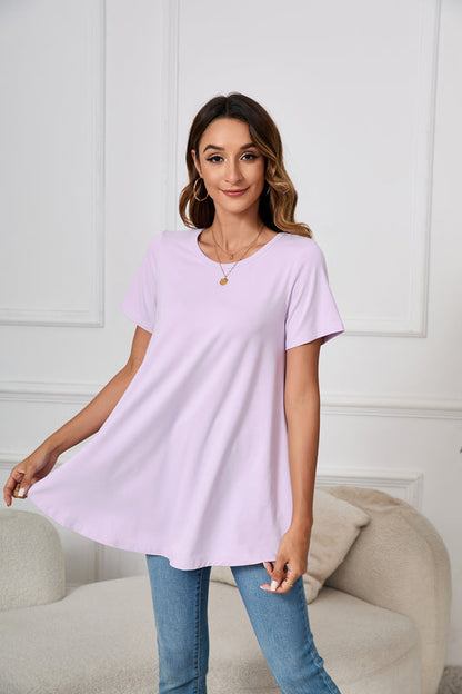 Lavender Purple Short Sleeve Swing Tunic Top – Women's Plus Size Crew Neck Flowy Blouse to Wear with Leggings (S–7XL)