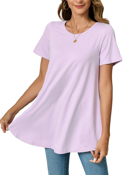 Lavender Purple Short Sleeve Swing Tunic Top – Women's Plus Size Crew Neck Flowy Blouse to Wear with Leggings (S–7XL)